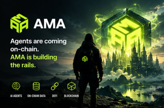 Promotional graphic for AMA cryptocurrency featuring a hooded figure overlooking a futuristic city with the text 'Agents are coming on-chain. AMA is building the rails.'