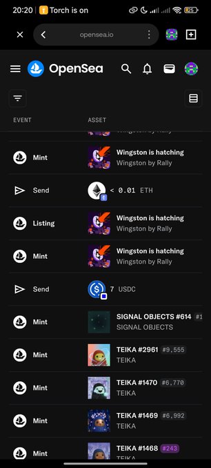 An OpenSea mobile app screenshot showing activity feed with multiple 'Wingston is hatching' mints by Rally, various TEIKA NFT mints, and a SEND transaction of <0.01 ETH.