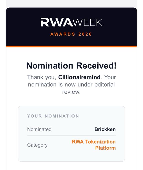 RWA Week Awards 2026 nomination confirmation screen showing 'Nomination Received!' for user 'Cillionairemind' nominating 'Bricken' in the 'RWA Tokenization Platform' category.