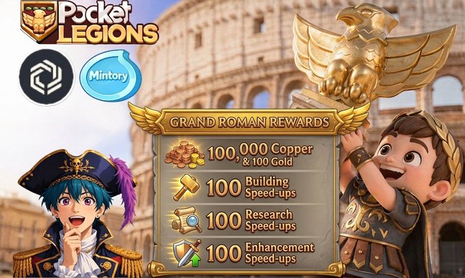 The image features a poster advertising Pocket Legends, with a man dressed as a Roman Emperor holding up a golden trophy. The poster also includes information about the game's rewards system, which offers players 100,000 Copper and 100 Gold coins for completing various tasks in the game. The text on the poster suggests that the game is just around to be released, and it encourages players to take advantage of the boosts provided by @Mintory_labs and @Immutable to enhance their gaming experience.