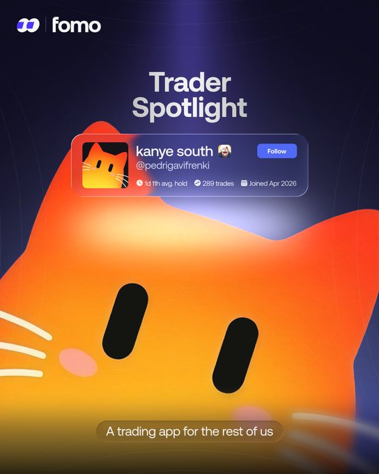 A promotional graphic for fomo's "Trader Spotlight" series featuring trader @pedrigavifrenki, displayed against a stylized orange cat illustration with stats showing "1d 11h avg hold," "289 trades," and "Joined Apr 2026." The tagline reads "A trading app for the rest of us," highlighting a community-driven trader profile.