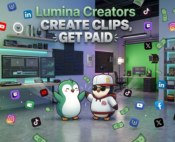A promotional graphic titled 'Lumina Creators CREATE CLIPS, GET PAID' features a penguin and a character in a Bitcoin cap surrounded by social media and currency icons in a content creator studio.