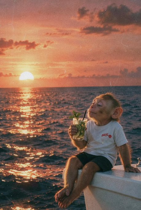 A young monkey wearing a white t-shirt and dark shorts sits on a ledge by the ocean at golden hour, holding a mojito-style drink and looking up with a serene expression.
