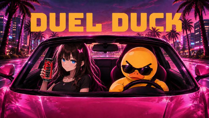 An anime-style illustration titled 'DUEL DUCK' showing a girl and a duck wearing sunglasses in a pink convertible car.