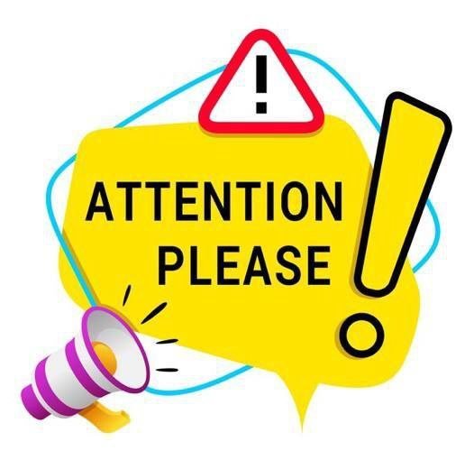 A bright yellow graphic with a warning triangle and a megaphone illustration, displaying the text 'ATTENTION PLEASE' in bold black letters.