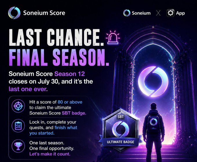A promotional graphic for "Soneium Score" announces "LAST CHANCE. FINAL SEASON." with text stating Season 12 closes on July 30. The design features a futuristic portal, a silhouetted figure, and details about earning an ultimate SBT badge.