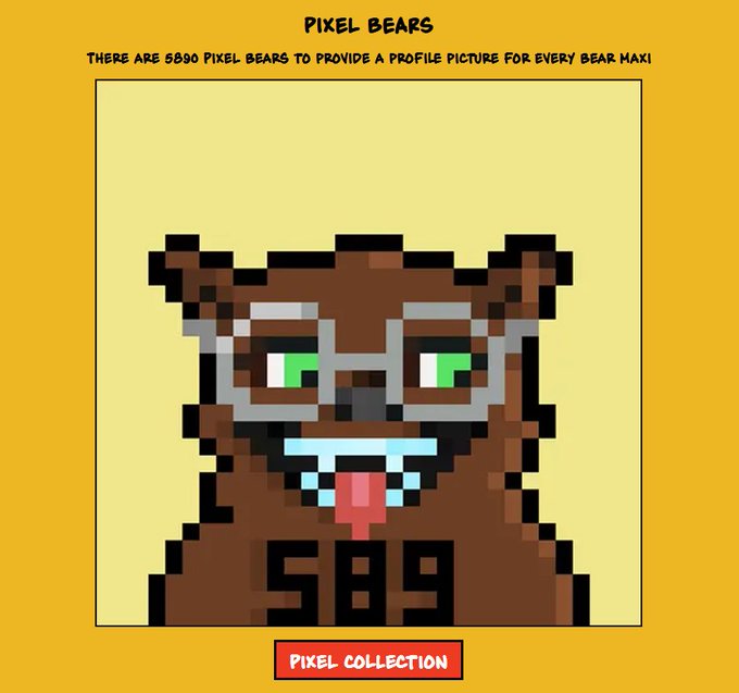 A pixel art image shows a brown bear with glasses and its tongue sticking out, labeled 'S89', noting 'THERE ARE 5890 PIXEL BEARS TO PROVIDE A PROFILE PICTURE FOR EVERY BEAR MAX!'