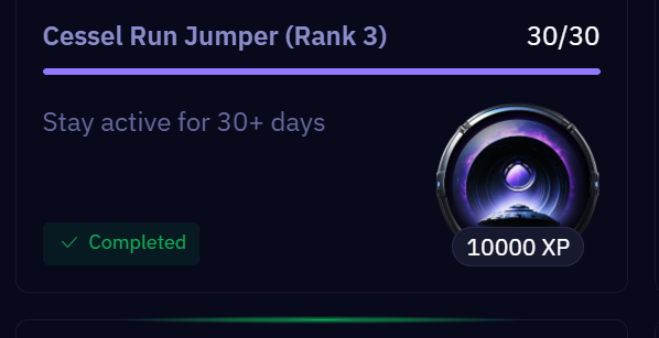 Progress card titled 'Cessel Run Jumper (Rank 3)' showing 30/30 completion, marked 'Completed' with a 10000 XP reward for staying active 30+ days.