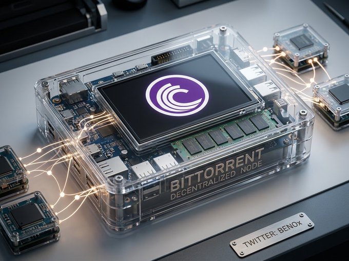 A stylized 3D rendering of a transparent electronic device labeled 'BITTORRENT DECENTRALIZED NODE' displaying a purple 'C' logo on its screen, connected by glowing lines to smaller modules, with a label reading 'TWITTER: BENOX'.