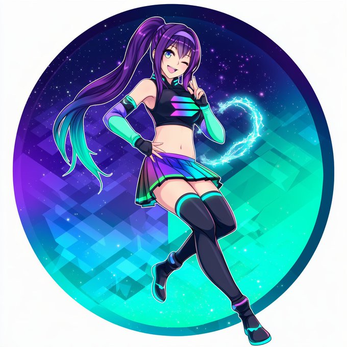An anime-style illustration of a girl with long purple hair in a high ponytail, wearing a colorful crop top and skirt, posing with one hand near her face against a starry purple and teal gradient background.