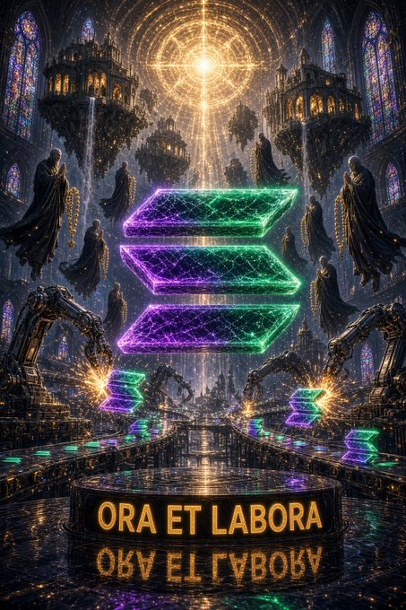 A digital artwork featuring a glowing purple and green Solana logo overlaid on a grand gothic cathedral scene, with the Latin phrase 'ORA ET LABORA' at the bottom.