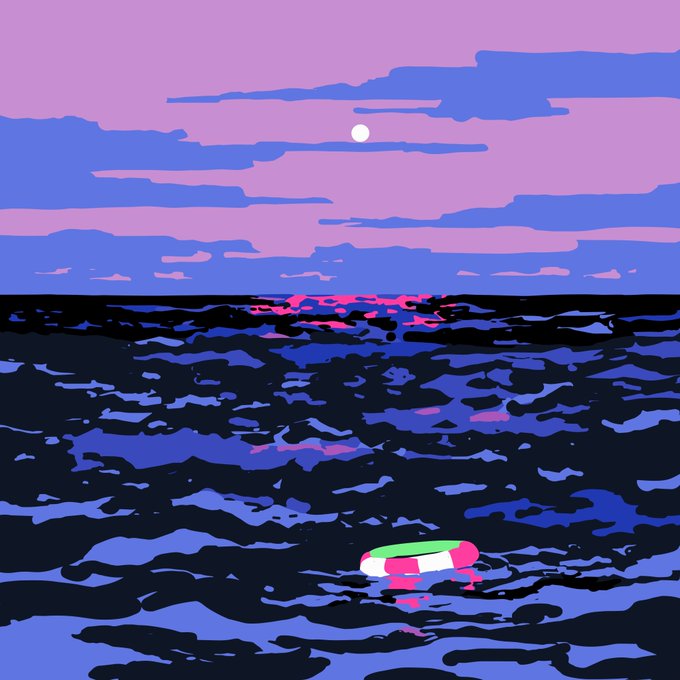A vibrant digital illustration shows a lone person floating on a colorful pink and green inner tube in a dark, choppy ocean beneath a pink and purple sunset sky with a small white moon. The serene yet isolated scene perfectly complements the contemplative quote "Nobody needs saving today," evoking a quiet, solitary moment of peace at sea.