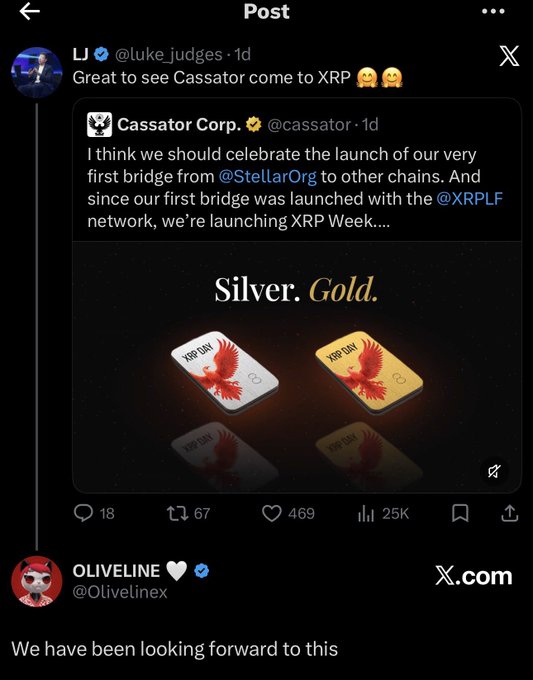 A screenshot of a X post by @Olivelinex featuring a quote-tweet from @luke_judges announcing Cassator Corp.'s launch of a bridge from Stellar to other chains, including XRP, with promotional imagery for silver and gold "XRP Eagle" cards and 25K views. The post celebrates this XRPL ecosystem milestone as a long-awaited step forward.