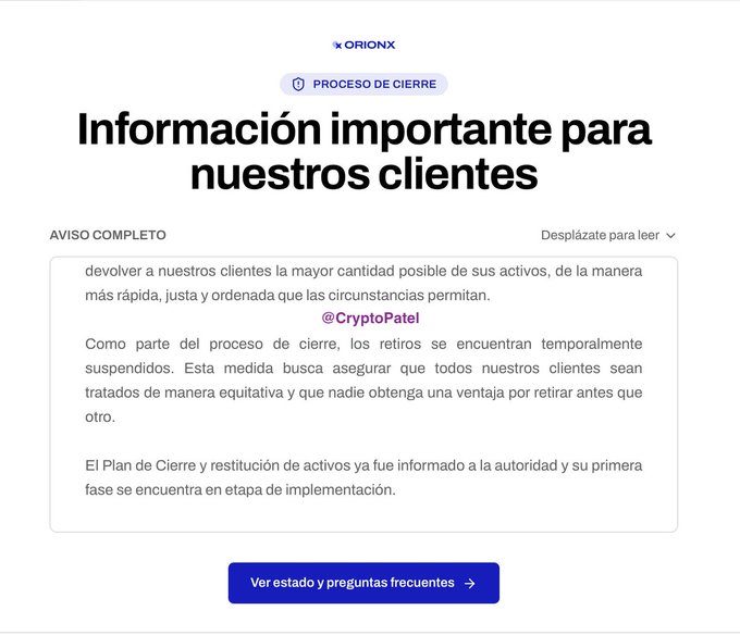 An Orionx (OX) announcement titled 'Información importante para nuestros clientes' notifying customers that withdrawals are temporarily suspended as part of the platform's closure process.