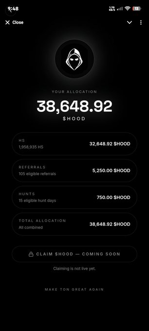A screenshot of a mobile app interface displaying a token allocation of 38,648.92 $HOOD with breakdowns for HS, Referrals, and Hunts.