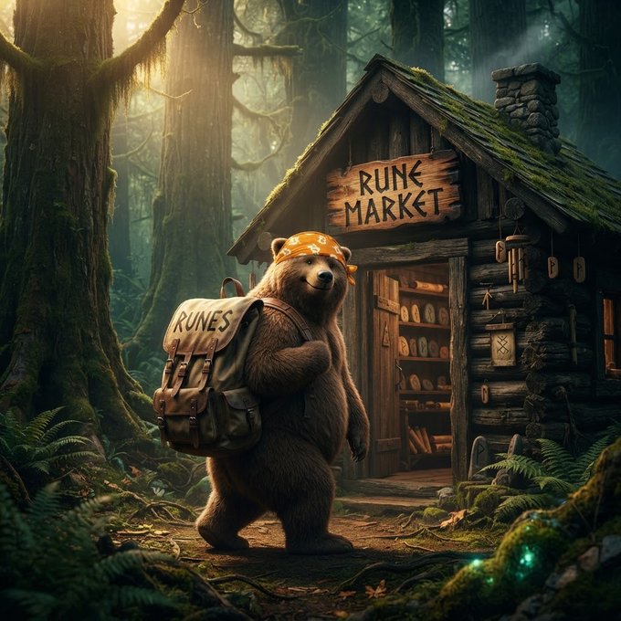 A fantasy illustration of a brown bear wearing an orange bandana and a 'RUNES' backpack standing outside a 'RUNE MARKET' wooden cabin in a misty forest.