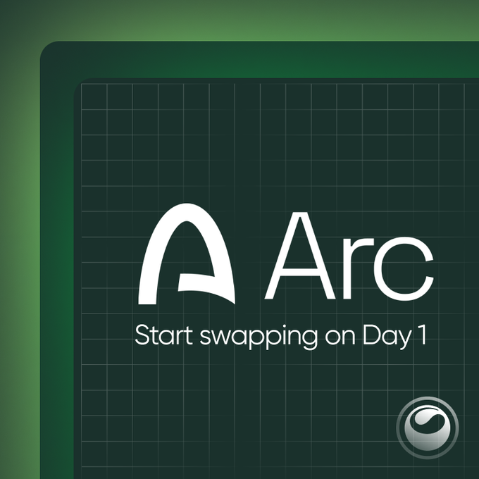 A promotional graphic for 'Arc' featuring a white stylized 'A' logo and the tagline 'Start swapping on Day 1' on a dark green grid background.