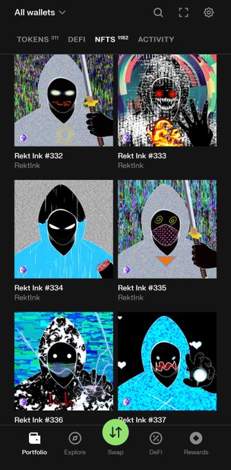 The image shows a screenshot of the Kraken wallet app displaying a collection of Rekt Ink NFTs (#332-#337) under the NFTS tab, which has 1182 items. The caption relates to the post by demonstrating how the Kraken wallet makes it easy to browse and view Rekt Ink NFT holdings directly within the app, supporting the bullish sentiment on $INK.