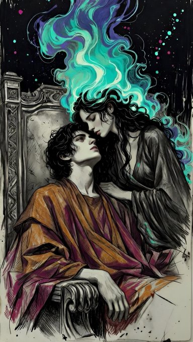 A stylized illustration depicts two figures in a close, intimate embrace, with ethereal teal and purple flames emanating upward against a dark background.