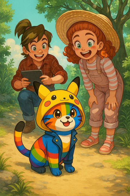 A cartoon illustration of two children—a boy holding a tablet and a girl in a straw hat with overalls—posing with a colorful cat wearing a yellow Pikachu-style hoodie in a forest setting.