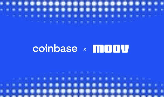 A blue graphic displaying the logos 'coinbase x MOOV' in white text.