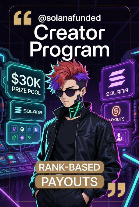 The image features a man wearing sunglasses with a black jacket standing next to a computer monitor. The background of the image has neon lights, giving it a futuristic appearance. There are several signs around the scene that read "Rank-Based Payouts" and "SOLANA". These signs suggest that this is an advertisement for a creator program or game, possibly related to gaming or animation. The man in the image appears to be a creator who has contributed something valuable to the project, and he is being rewarded with a higher rank based on his contributions.