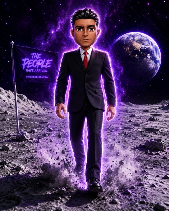 A digital illustration of a man in a black suit and red tie standing on the moon with a purple energy aura, next to a flag reading 'THE PEOPLE HAVE ARRIVED. #OTHERSIDEMETA' with Earth visible in the cosmic background.