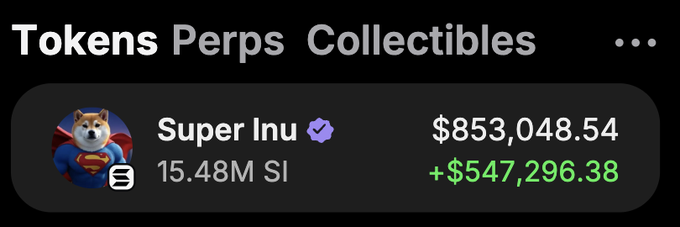 The image shows a Phantom wallet "Tokens" tab displaying a holding of 15.48M $SI (Super Inu) tokens valued at $853,048.54, up $547,296.38 in green, supporting the post's claim of being one of the biggest $SI holders offering a $10,000 giveaway.