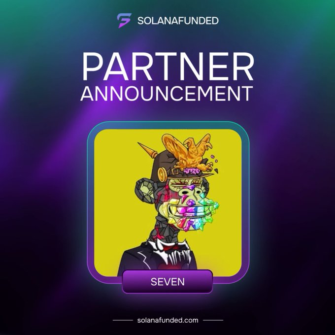 The image features a cartoon character wearing a crown with a sword, surrounded by purple lights that create an ethereal atmosphere. The caption below the image reads "Partner Announcement" followed by "Seven", which could be interpreted as the number seven in relation to the partnership or a specific event related to it.