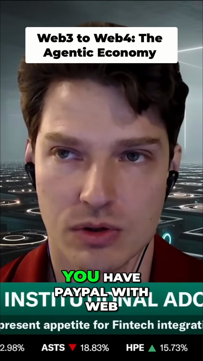 The image features a man wearing headphones with an advertisement for Web4. The ad promotes decentralized finance platforms like Coinbase and Ethereum, suggesting that these platforms are revolutionizing the way people interact with money and financial markets. The man's face is blurred out in the background, but he appears to be looking directly at the camera or engaged in a conversation.