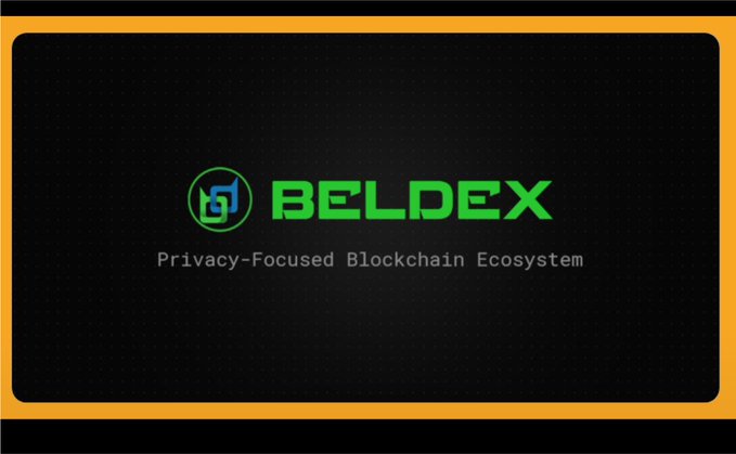 A logo graphic on a black background with an orange border, displaying 'BELDEX' in green text alongside the tagline 'Privacy-Focused Blockchain Ecosystem'.