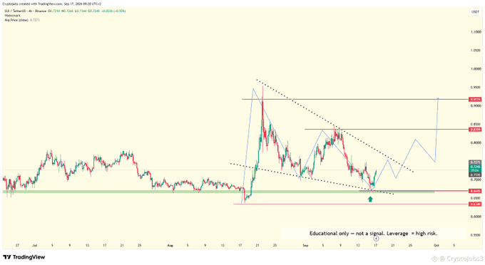 A TradingView 4-hour candlestick chart for SUI/USD shows a descending triangle pattern forming between support at $0.7040 and a downward-sloping resistance trendline, with the analyst anticipating a breakout move—likely to the upside toward the $0.9200–$0.9410 resistance zone—aligning with the post's claim of "knowing before the crowd" by highlighting the chart structure before confirmation.