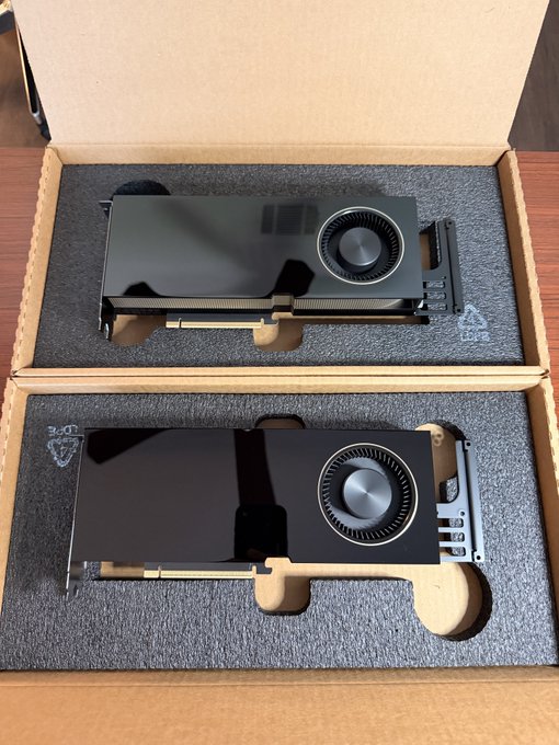 Two black graphics cards are displayed in their cardboard packaging with foam inserts.