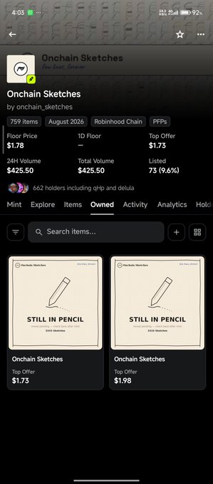 A mobile screenshot of an NFT marketplace showing the 'Onchain Sketches' collection by onchain_sketches on Robinhood Chain, with a floor price of $1.78, 759 items, and two 'Still In Pencil' sketch NFTs displayed.
