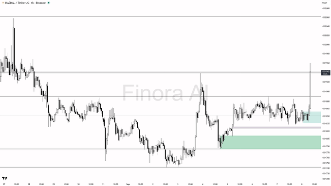 Candlestick price chart titled 'Finora AI' for the WZEDR/USDT pair on Binance, showing price movement over a few days with a green highlighted zone.