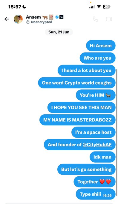 A screenshot of a Messenger DM to "Ansem" dated Sun, 21 Jun, where the sender "MASTERDABOZZ" introduces themselves as a space host and founder of @CityHubAF, asking to collaborate ("But let's go something Together ❤️❤️")—the very message referenced in the caption as an early outreach 8 days before something significant happened.