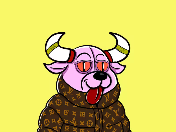 A cartoon illustration of a pink bulldog character with horns, tongue hanging out, wearing a brown Louis Vuitton monogram hoodie against a yellow background.