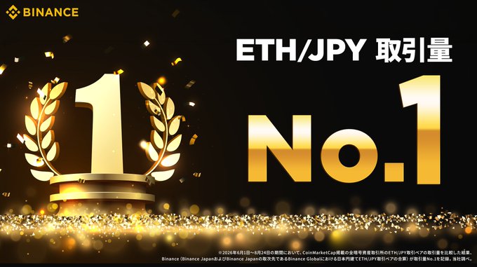 The image is a Binance Japan promotional graphic featuring a gold trophy and "No.1" alongside "ETH/JPY 取引量" (ETH/JPY Trading Volume), with the Binance logo in the top-left corner, celebrating the exchange's #1 position in ETH/JPY trading volume from June 1 to August 24, 2026, as detailed in the accompanying post.