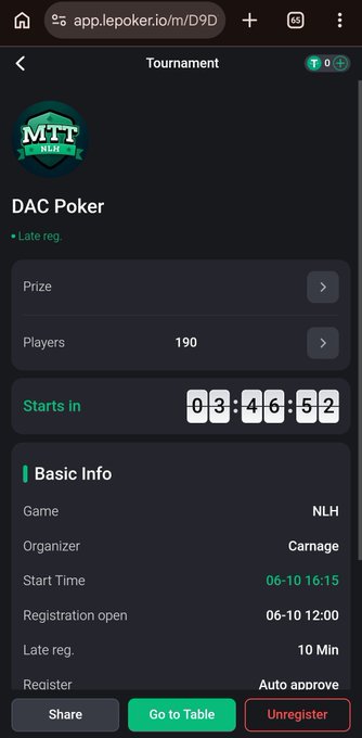 The image shows a phone screen displaying information about a poker game registration process. The main focus of the image is a registration page for the game, which has a green header with white text that reads "DAC Poker registration is now open!". Below this heading, there are details on how to join the game and what participants need to do during the game. 

The screen also shows a list of players who have registered for the game, along with their respective scores. The image includes a red button labeled "Unregister" that allows users to leave the registration process. Additionally, there is a small text box at the bottom of the screen providing instructions on how to unjoin the game and close the registration window.