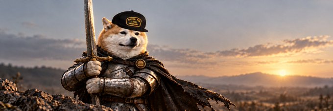 A digital artwork of a Shiba Inu dog wearing a black cap and knight's armor, holding a sword against a sunset landscape.