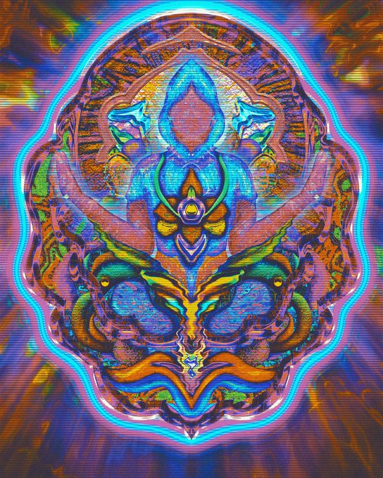 A vibrant, symmetrical, psychedelic artwork featuring intricate, mask-like patterns in neon blue, purple, green, and orange hues with a glowing border.