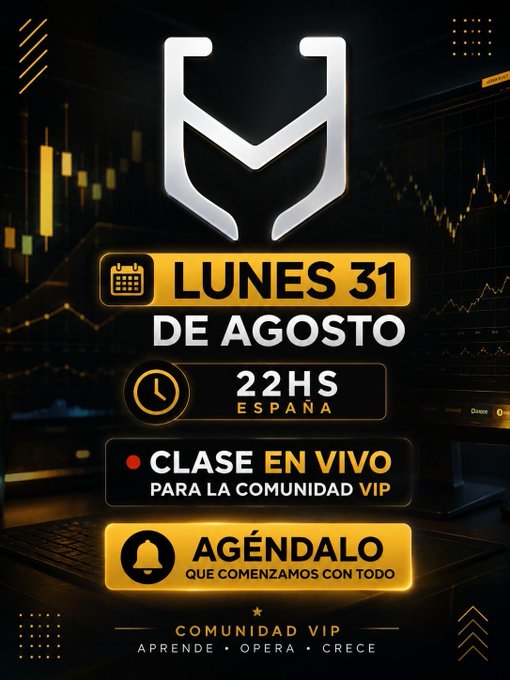 A promotional graphic announcing a live trading class on Monday, August 31 at 22:00 Spain time for the VIP community, featuring a gold and black design with a stylized "M" logo and candlestick charts in the background. The post invites viewers to join the free trading class, aligning with the "AGÉNDALO" (schedule it) call-to-action on the image.