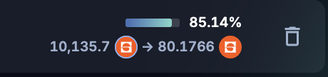 A progress bar showing 85.14% completion with a conversion from 10,135.7 to 80.1766, alongside a delete icon.