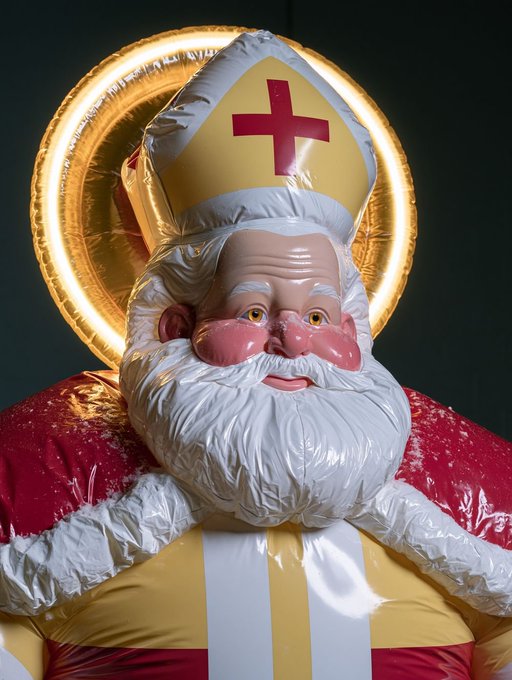 An inflatable figure depicting Saint Nicholas, featuring a rosy-cheeked face, a white beard, and a yellow and white mitre adorned with a red cross, set against a dark background with a golden halo.
