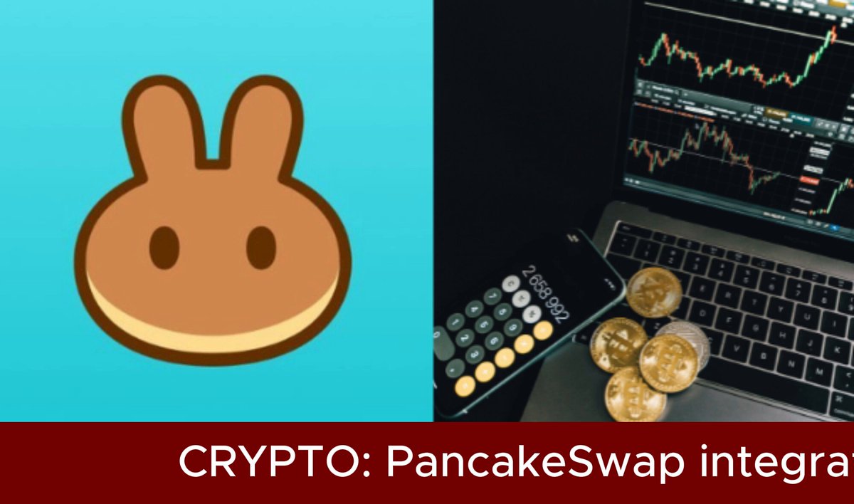 The image features a cartoon rabbit face with a calculator next to it, along with a laptop displaying a cryptocurrency exchange called PancakeSwap Integra. The rabbit symbolizes the cryptocurrency world, while the calculator represents the financial aspect of trading. The laptop shows that PancakeSwap Integra is actively involved in the market and has integrated top market makers for improved quote quality on its Ethereum swaps.