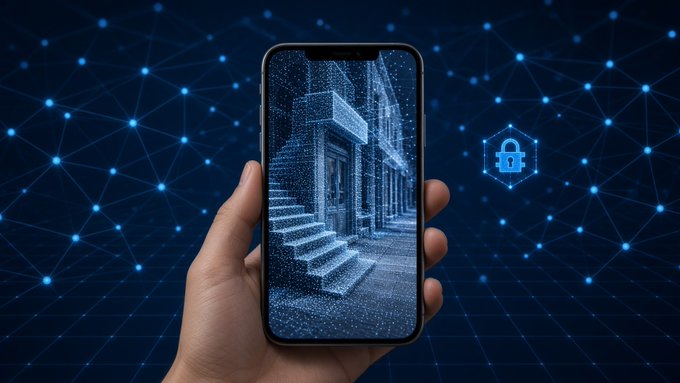 A hand holds a smartphone displaying a digital staircase design, with a blue lock icon and a network of connected nodes in the background suggesting cybersecurity.
