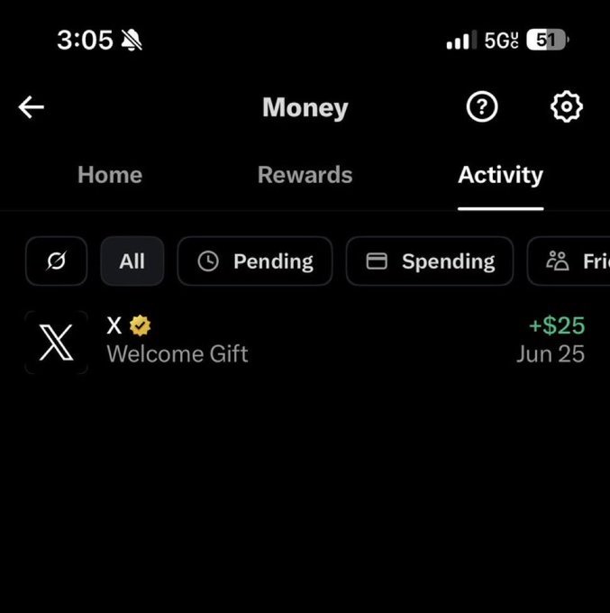 The image shows a smartphone screen displaying the "Money" section of the X app with the "Activity" tab selected, showing a "$25 Welcome Gift" transaction from X dated Jun 25. This visually confirms the post's claim about X Money beta offering a $25 welcome bonus, with the activity log providing proof of the eligible user receiving the credit.