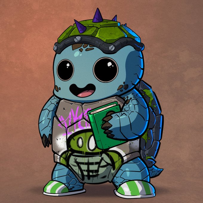 A cartoon illustration of a cute blue mutant turtle character wearing a spiked green shell, green and white sneakers, and sporting purple graffiti on its chest and abdomen.