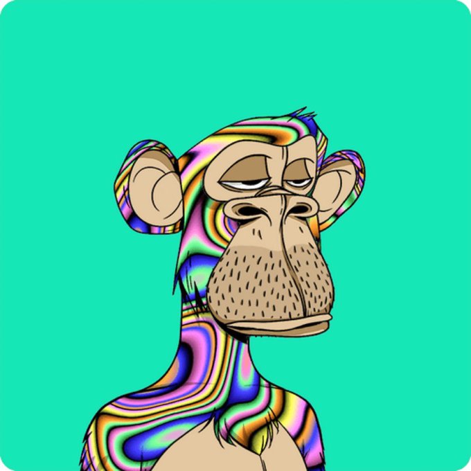 A cartoon Bored Ape NFT with a vibrant rainbow swirled fur pattern and a disinterested expression, set against a teal background. The image illustrates the post's commentary on the dramatic crash in NFT value, as this once-pricy digital collectible has reportedly depreciated to being worth just two bags of chips.