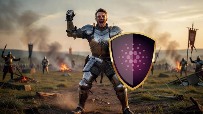 A triumphant armored knight raises his fist in victory amid a smoky battlefield, with a large Cardano (ADA) shield emblem in the foreground, symbolizing the post's message of relentless dedication to Cardano staking despite a low-luck epoch of 137.67%.
